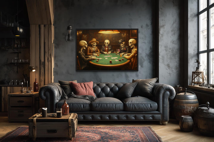 Skeleton Poker Wall Art – Gothic Skull Canvas for Men’s Game Room Decor