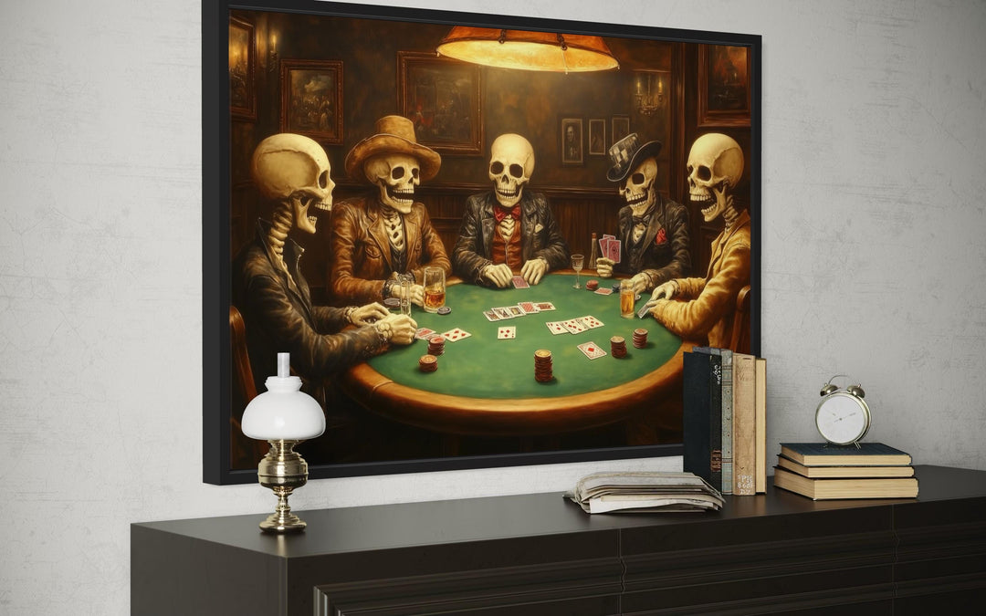 Skeleton Poker Wall Art – Gothic Skull Canvas for Men’s Game Room Decor