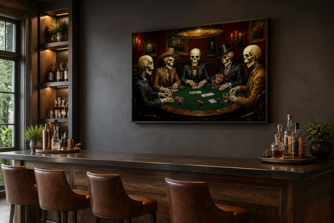 Skeleton poker wall art canvas hanging in a dark wood bar area with leather stools.