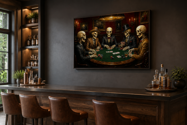 Skeleton poker wall art canvas hanging in a dark wood bar area with leather stools.