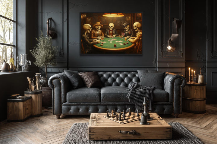 Skeleton Poker Wall Art – Gothic Skull Canvas for Men’s Game Room Decor