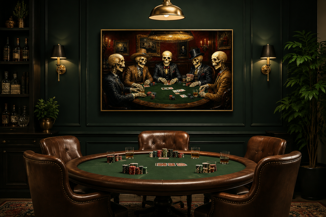 Gothic skeleton poker canvas art hanging in a dark green game room above a leather poker table.