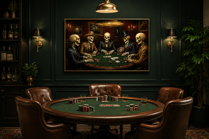 Gothic skeleton poker canvas art hanging in a dark green game room above a leather poker table.