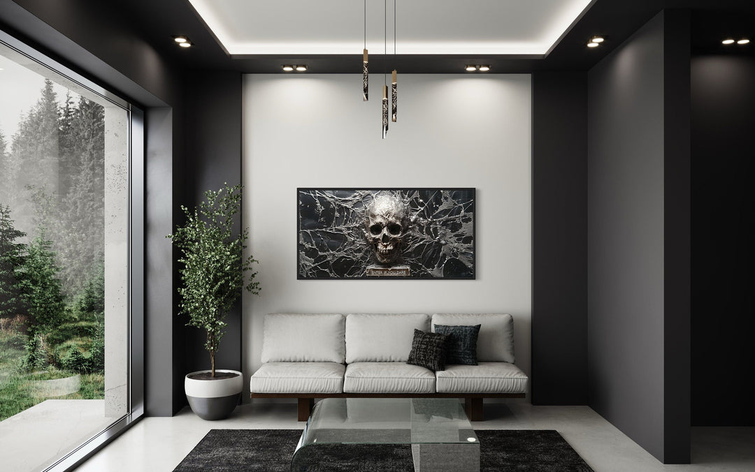 Skeleton Skull Wall Art – Black and White Print | Gothic Halloween Decor Canvas