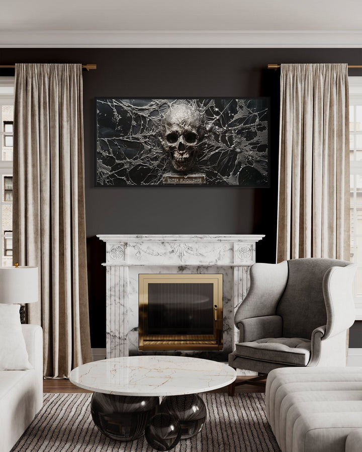 Skeleton Skull Wall Art – Black and White Print | Gothic Halloween Decor Canvas