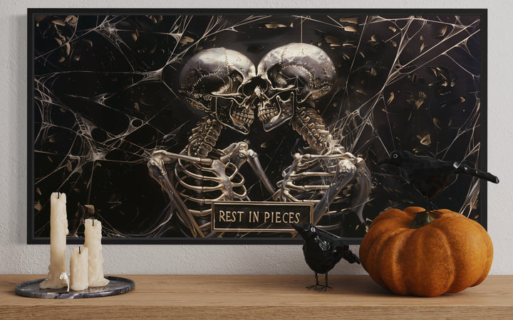 Skeleton Wall Art – Gothic Black White Skull Painting With Rest In Pieces Plaque