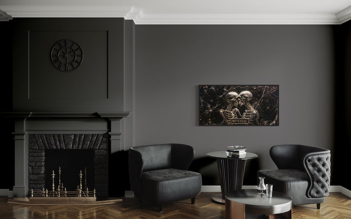 Skeleton Wall Art – Gothic Black White Skull Painting With Rest In Pieces Plaque