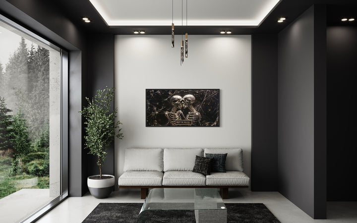 Skeleton Wall Art – Gothic Black White Skull Painting With Rest In Pieces Plaque