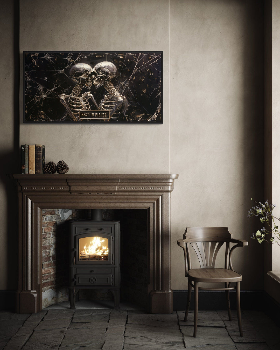 Skeleton Wall Art – Gothic Black White Skull Painting With Rest In Pieces Plaque