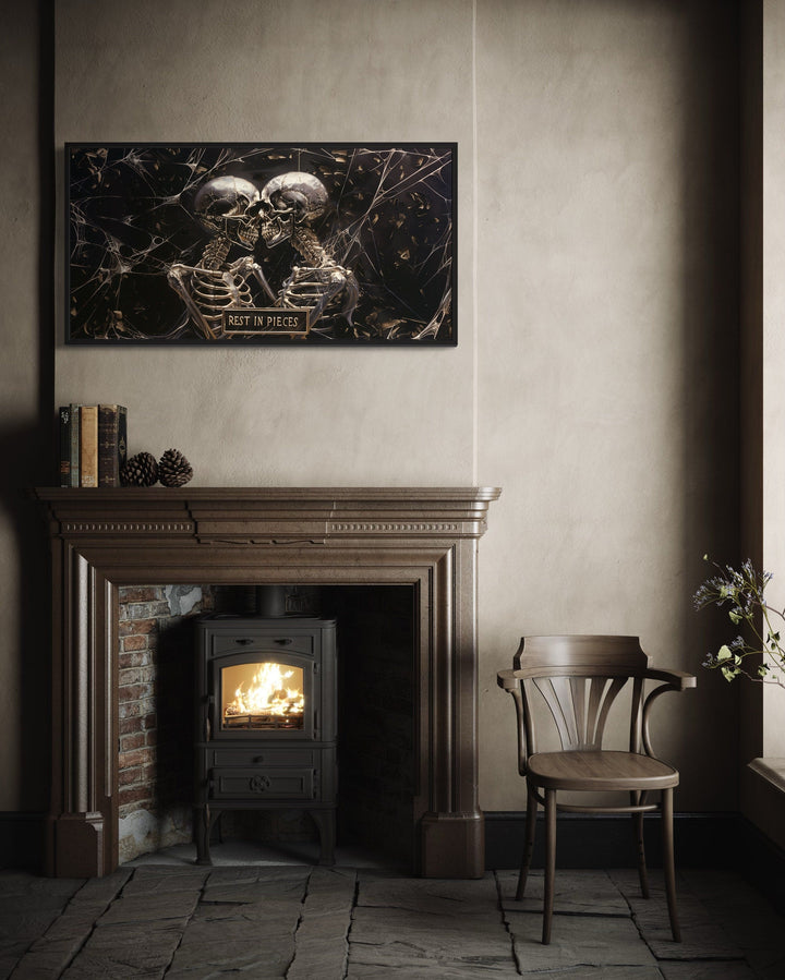 Skeleton Wall Art – Gothic Black White Skull Painting With Rest In Pieces Plaque