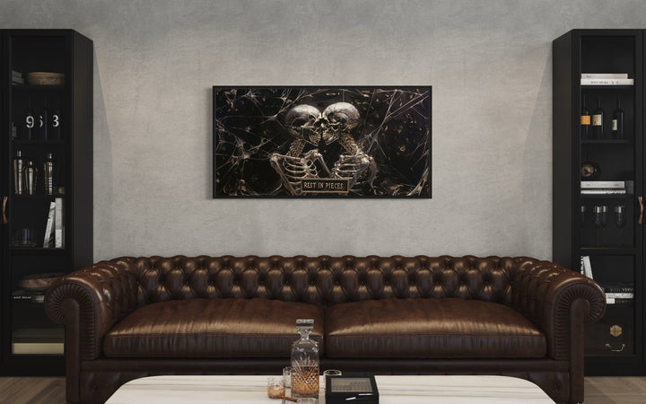Skeleton Wall Art – Gothic Black White Skull Painting With Rest In Pieces Plaque
