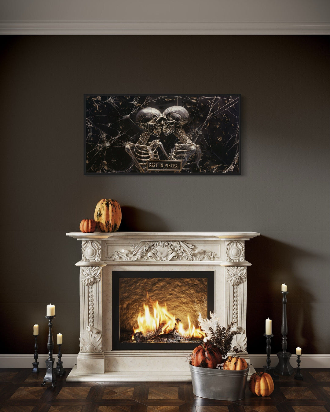 Skeleton Wall Art – Gothic Black White Skull Painting With Rest In Pieces Plaque