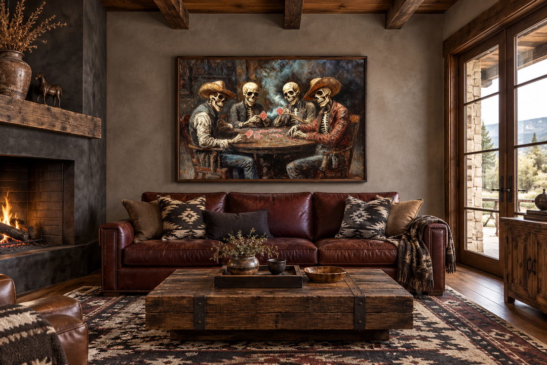 Skeleton Cowboys Playing Poker canvas wall art hanging above a leather sofa in a rustic living room.