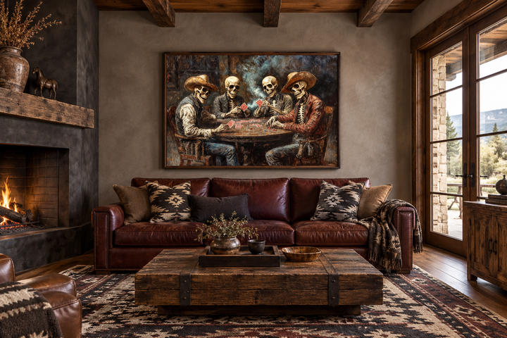 Skeleton Cowboys Playing Poker canvas wall art hanging above a leather sofa in a rustic living room.