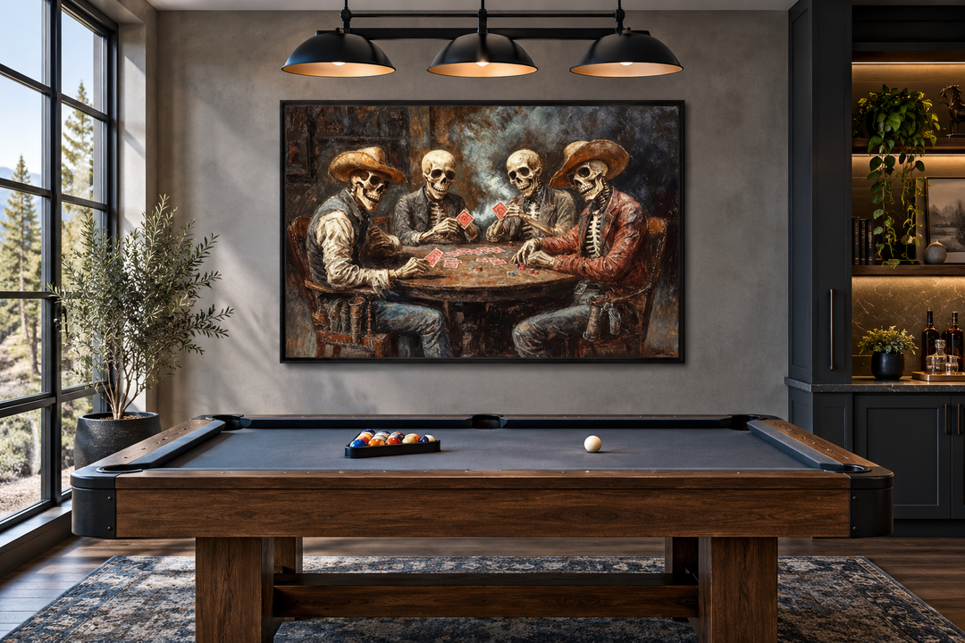 Skeleton Cowboys Playing Poker canvas wall art hanging in a modern game room above a pool table.