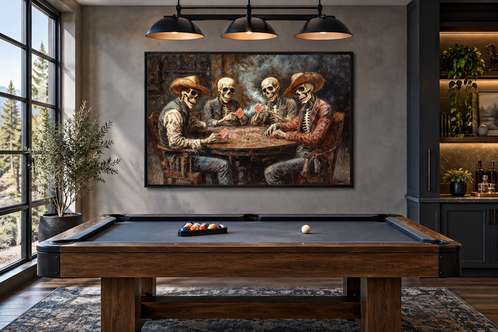 Skeleton Cowboys Playing Poker canvas wall art hanging in a modern game room above a pool table.
