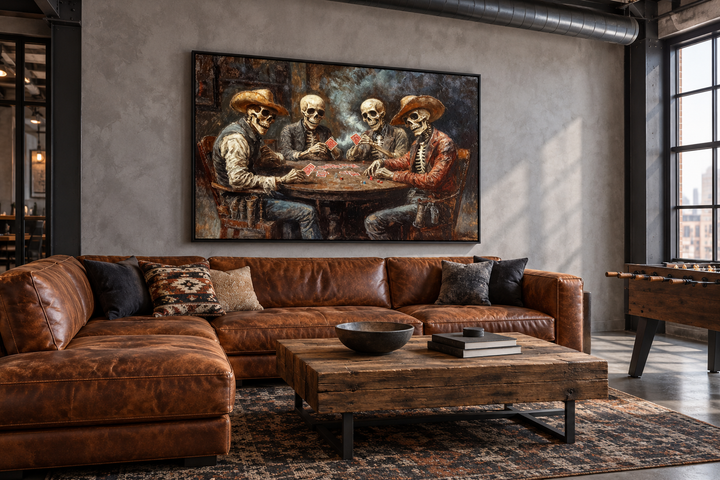Skeleton Cowboys Playing Poker canvas wall art hanging above a brown leather sofa in a modern loft.