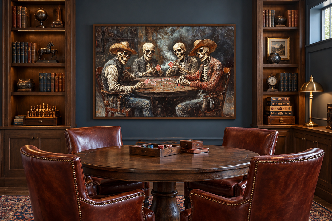 Skeleton Cowboys Playing Poker canvas wall art hanging in a dark wood library above a poker table.