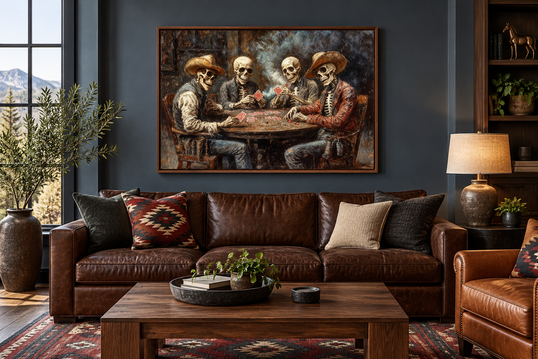 Skeleton Cowboys Playing Poker Western Gothic Canvas Wall Art above a brown leather sofa.