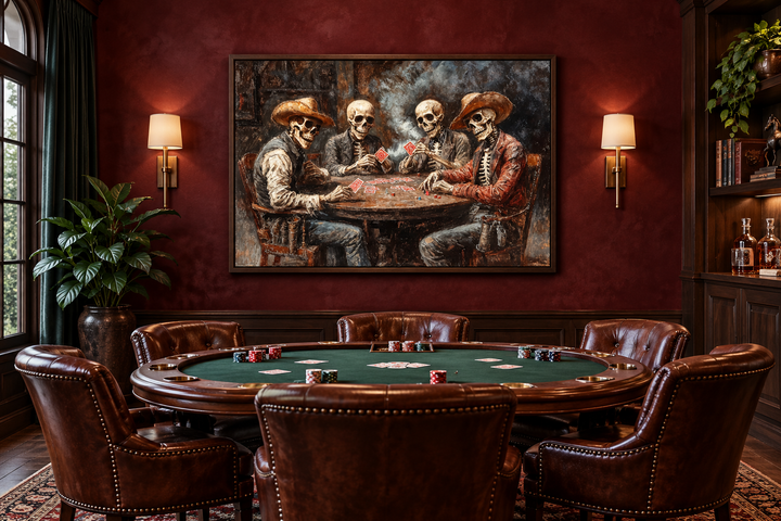 Skeleton Cowboys Playing Poker canvas wall art hanging in a red room above a poker table.