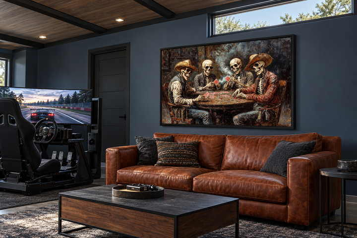 Skeleton Cowboys Playing Poker Western Gothic canvas wall art above a brown leather sofa.
