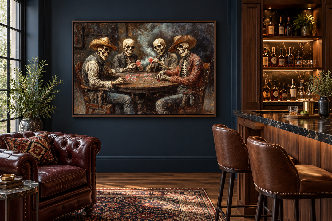 Skeleton Cowboys Playing Poker canvas wall art in a dark navy room with leather chairs and a bar.