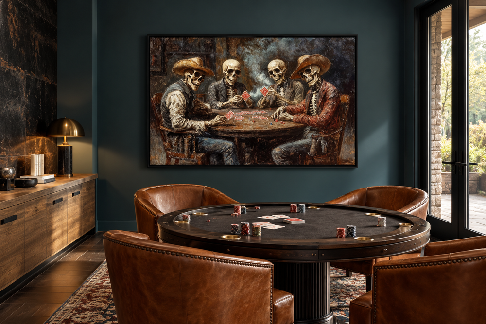 Skeleton Cowboys Playing Poker canvas wall art hanging in a modern poker room with leather chairs.