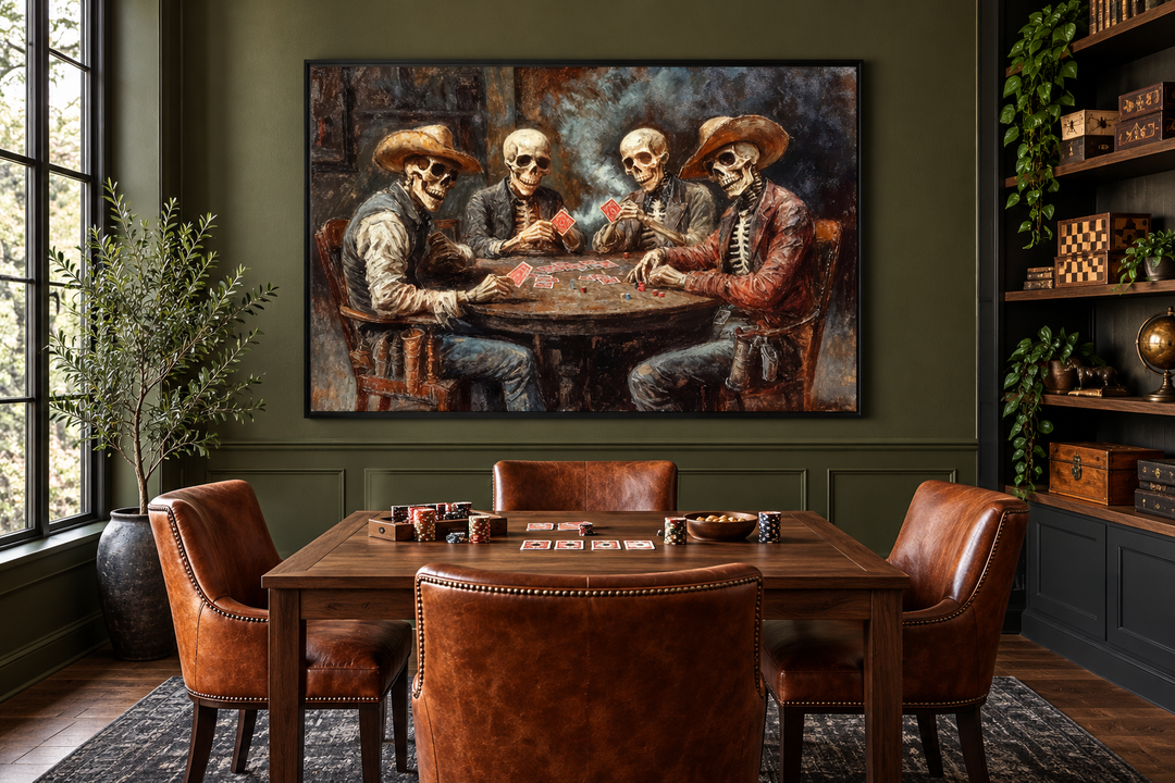Skeleton Cowboys Playing Poker canvas wall art displayed in a moody, green-walled game room.