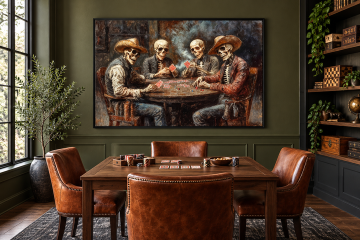 Skeleton Cowboys Playing Poker canvas wall art displayed in a moody, green-walled game room.