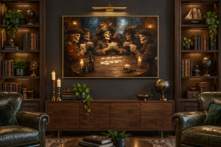Skeleton pirates playing poker wall art in a dark gothic man cave with leather chairs and books.