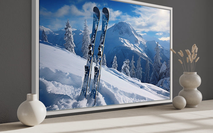 Ski in Snow at Mountain Resort Framed Canvas Wall Art