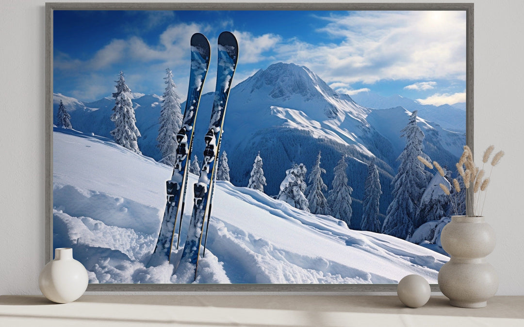 Ski in Snow at Mountain Resort Framed Canvas Wall Art