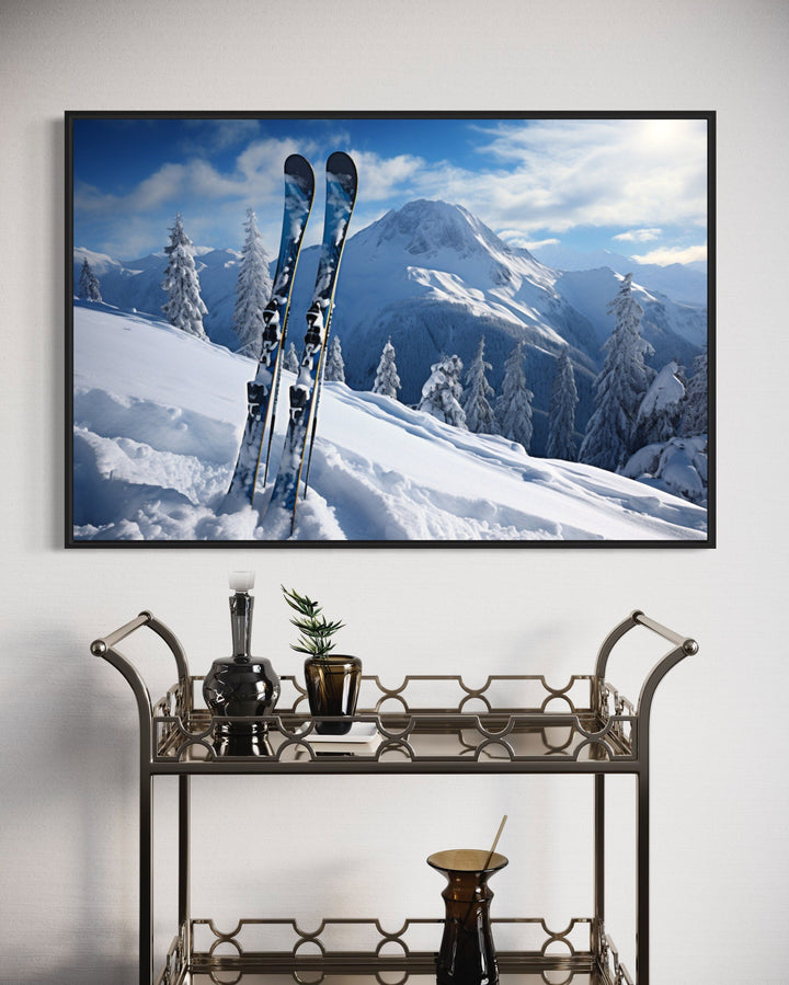 Ski in Snow at Mountain Resort Framed Canvas Wall Art