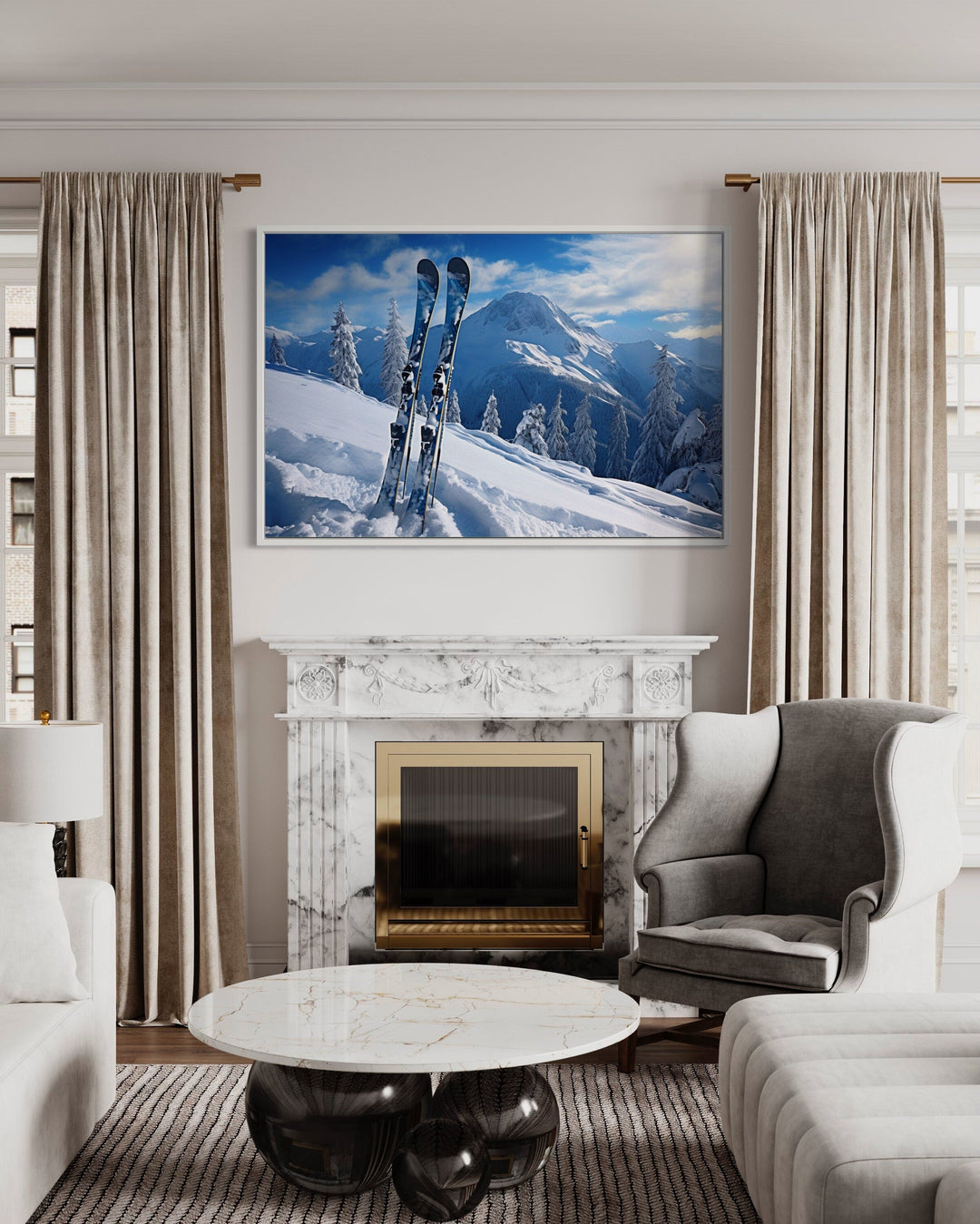 Ski in Snow at Mountain Resort Framed Canvas Wall Art