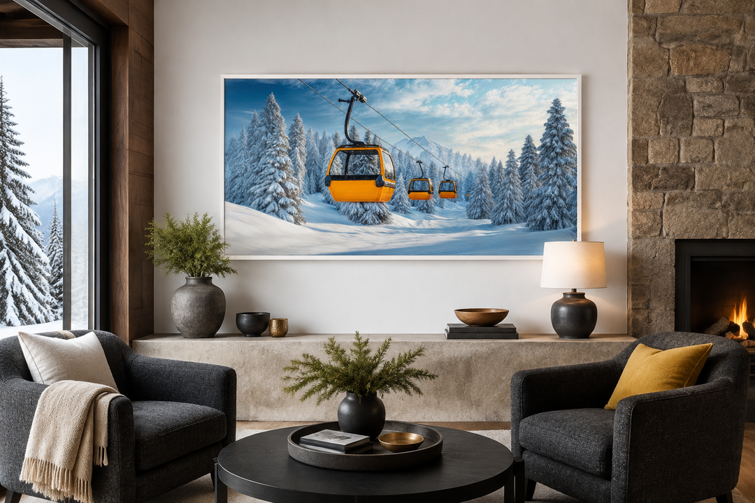 Yellow chairlift in a snowy ski resort framed canvas wall art hanging in a modern living room.