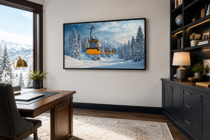 Yellow chairlift in a snowy ski resort landscape framed canvas wall art in a home office.