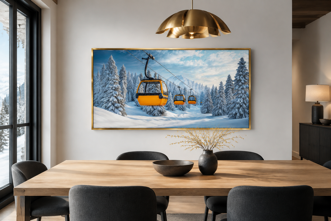 Yellow chairlift framed canvas wall art hanging in a modern dining room above a wooden table.