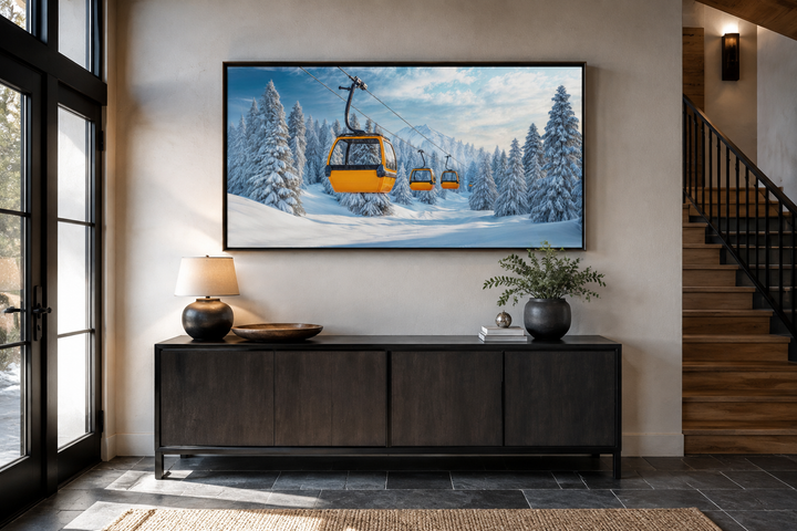 Yellow chairlift in a snow-covered ski resort framed canvas wall art above a dark wood sideboard.