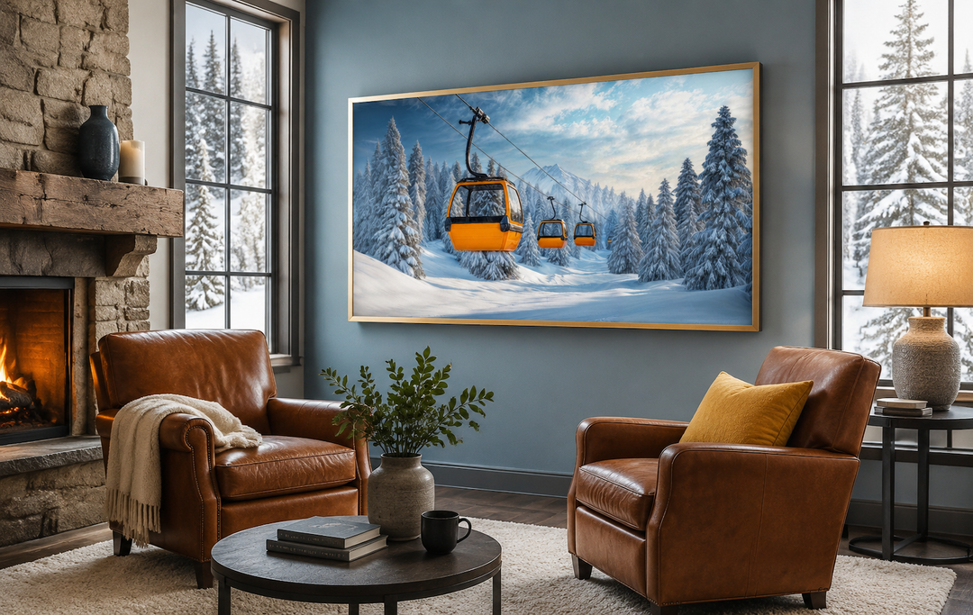Yellow chairlift in ski resort framed canvas wall art hanging in a cozy living room with fireplace.