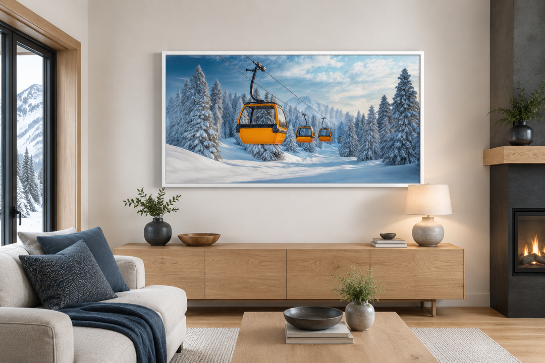 Yellow chairlift in a snowy ski resort framed canvas wall art above a wooden console in a living room