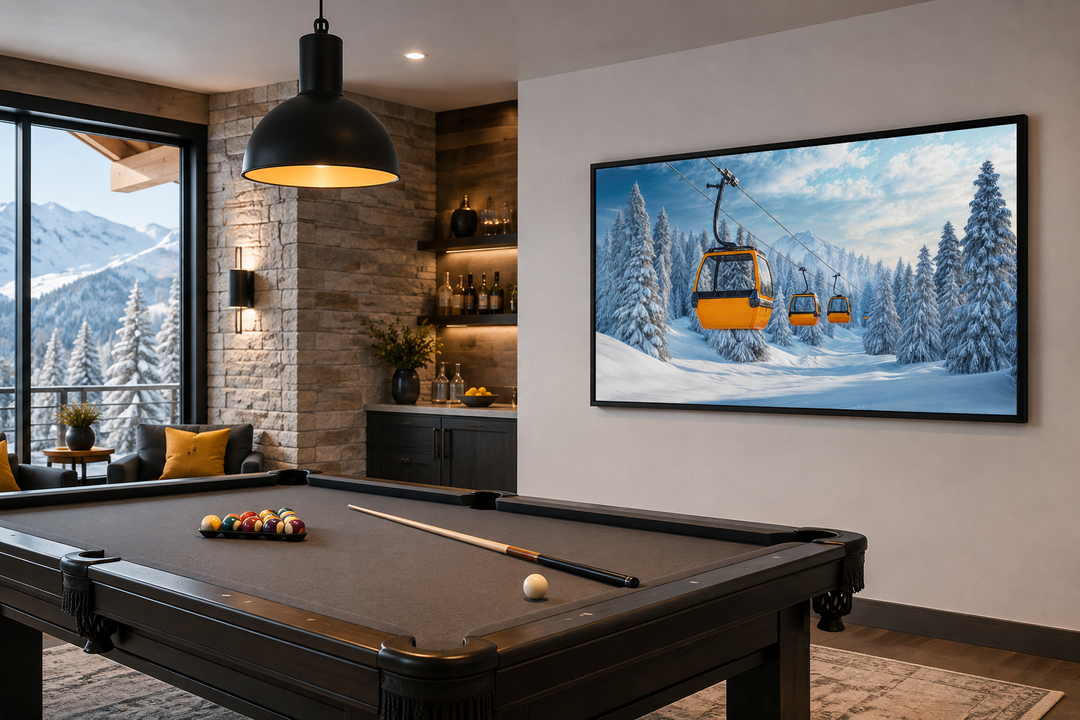 Yellow chairlift in a snowy ski resort framed canvas wall art in a modern game room.