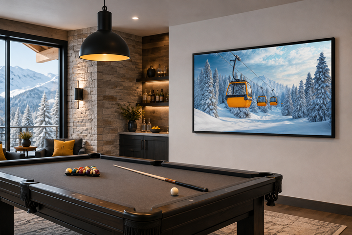 Yellow chairlift in a snowy ski resort framed canvas wall art in a modern game room.