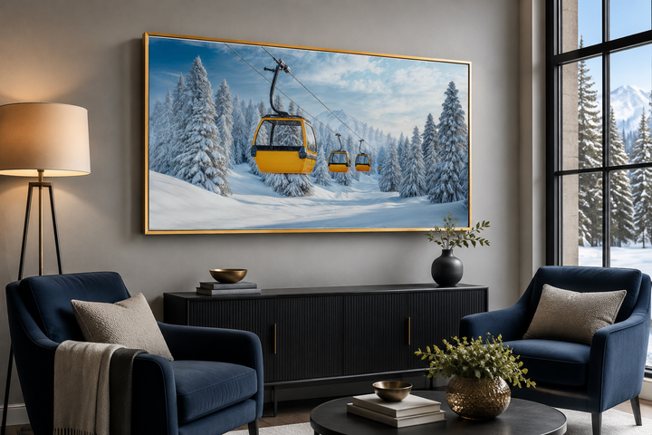 Yellow chairlift in a snowy ski resort framed canvas wall art hanging in a modern living room.