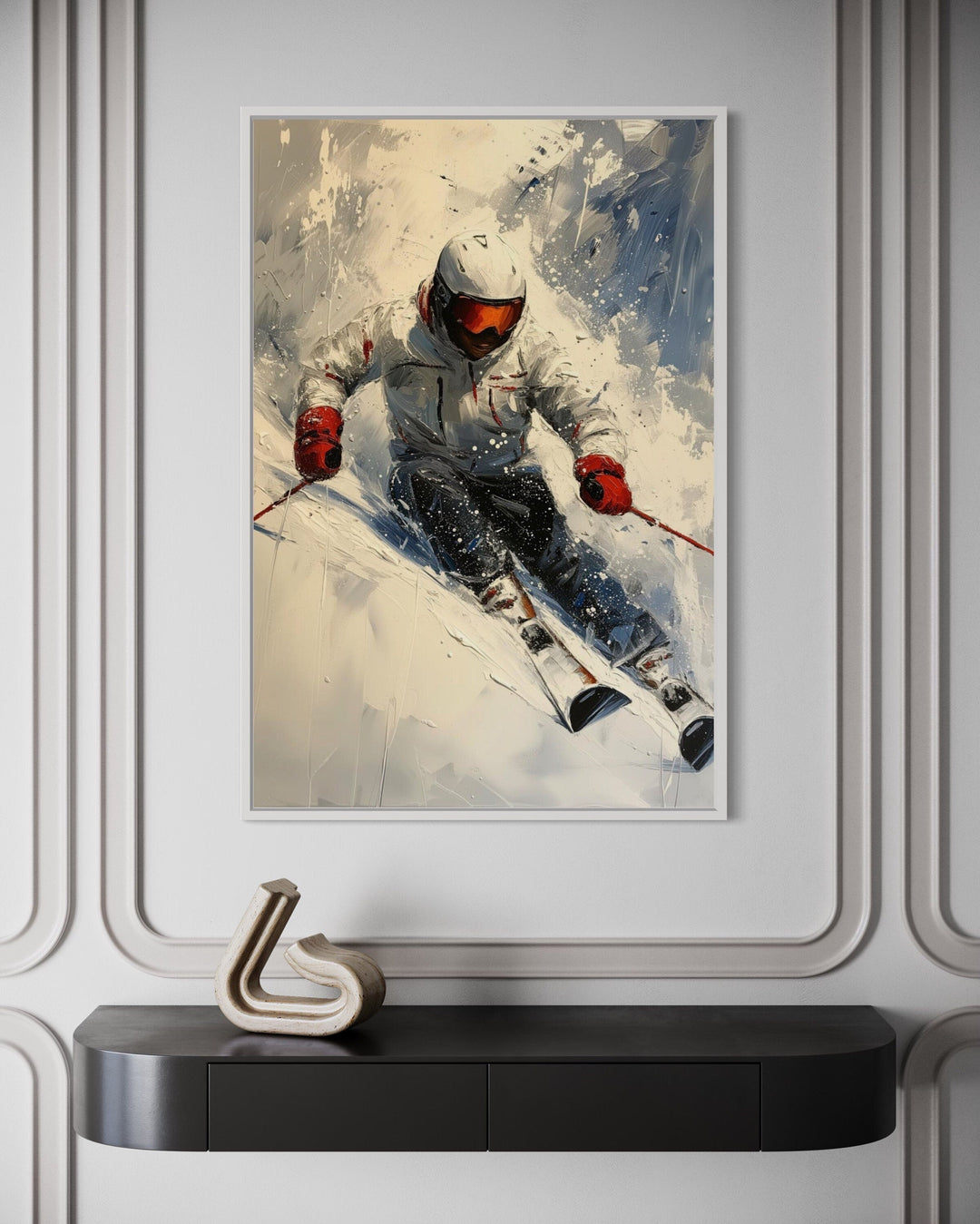 Rustic Cabin Wall Decor - Skier On The Slope Framed Canvas Wall Art