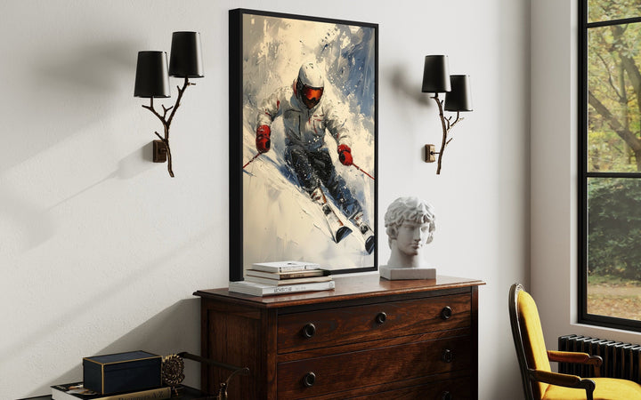 Rustic Cabin Wall Decor - Skier On The Slope Framed Canvas Wall Art