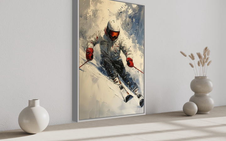 Rustic Cabin Wall Decor - Skier On The Slope Framed Canvas Wall Art