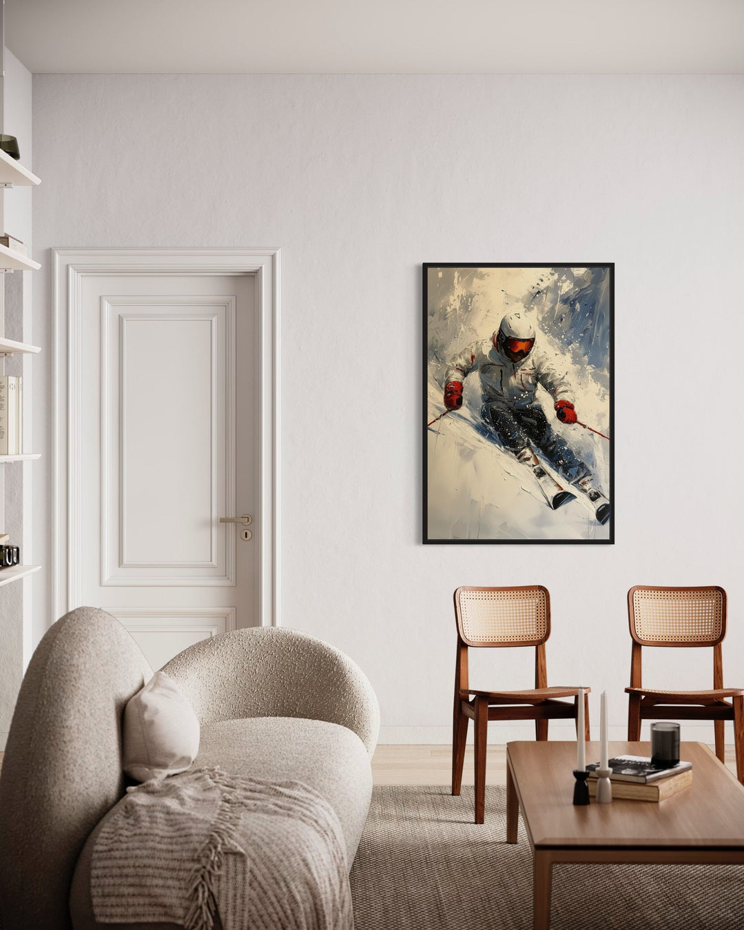 Rustic Cabin Wall Decor - Skier On The Slope Framed Canvas Wall Art