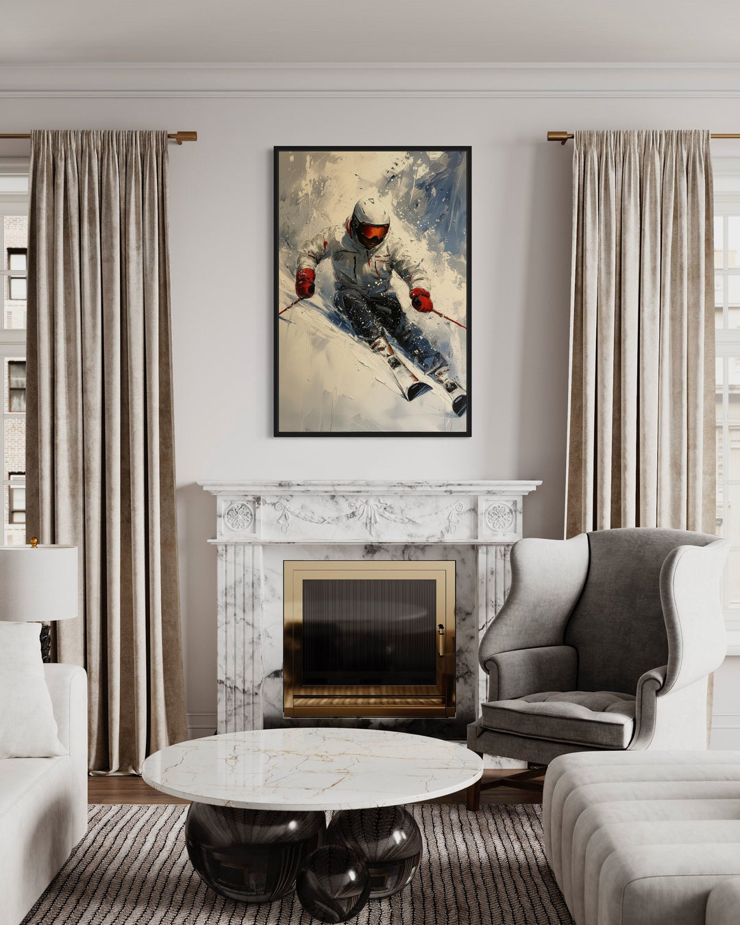 Rustic Cabin Wall Decor - Skier On The Slope Framed Canvas Wall Art