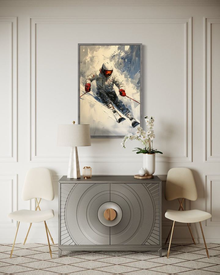 Rustic Cabin Wall Decor - Skier On The Slope Framed Canvas Wall Art