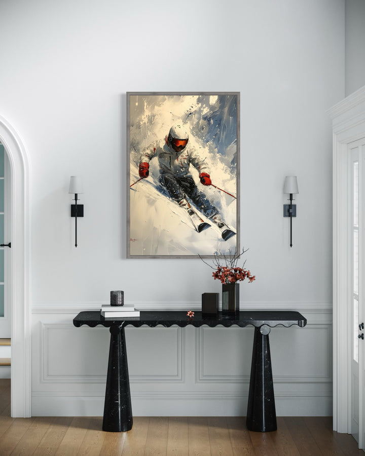 Rustic Cabin Wall Decor - Skier On The Slope Framed Canvas Wall Art